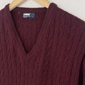 CAMBRIDGE Sweater Mens L Super Lambswool Blend Cable V-Neck Pullover Burgundy